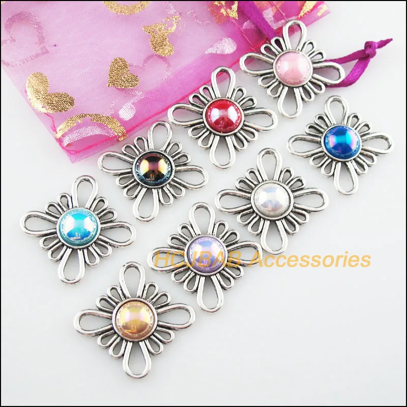 

8 New Flower Acrylic Connectors Mixed Charms Tibetan Silver Pendant 32mm