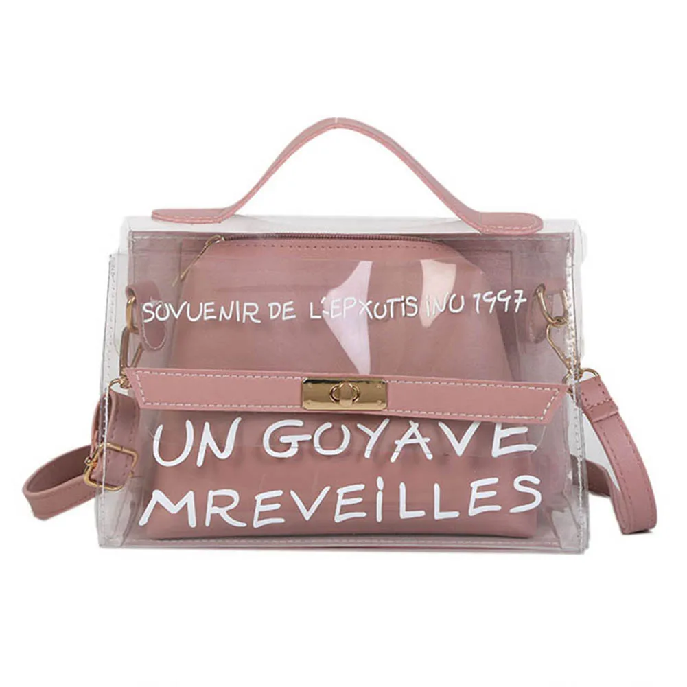 Women Composite Bags PVC Transparent Handbag Letters Printed PU Leather Purse Shoulder Bag-OPK