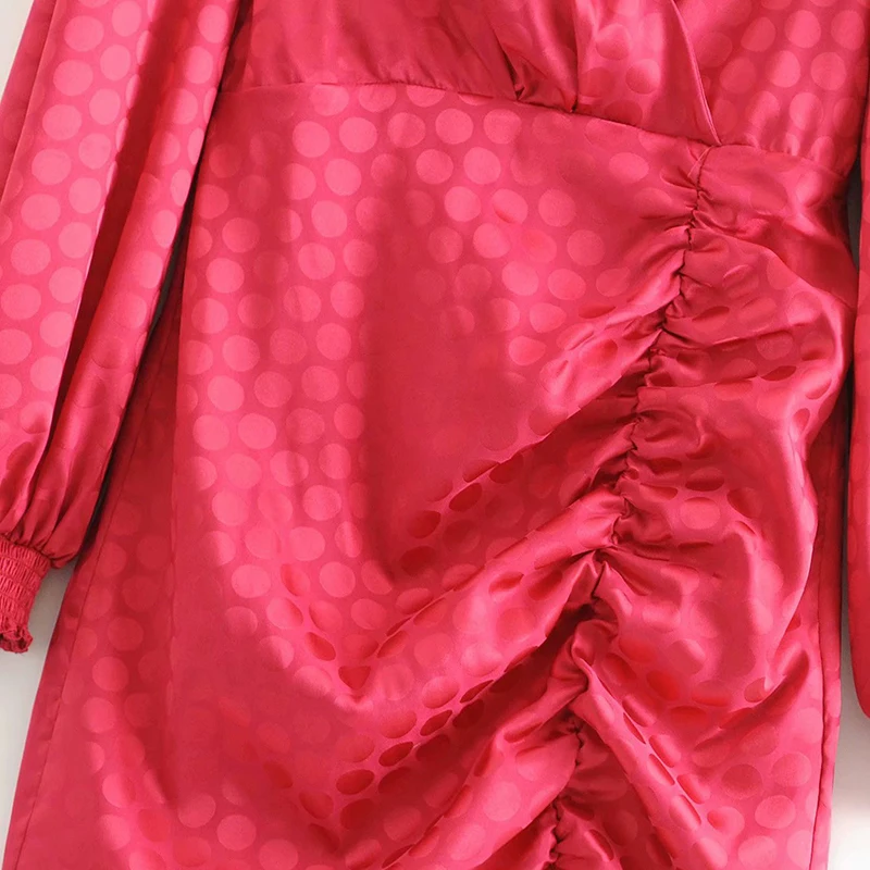 Женское элегантное сатиновое плиссированное платье в горошек, v-образный вырез, рукав-фонарик, вечерние мини-платья, женские винтажные платья, Vestido Mujer