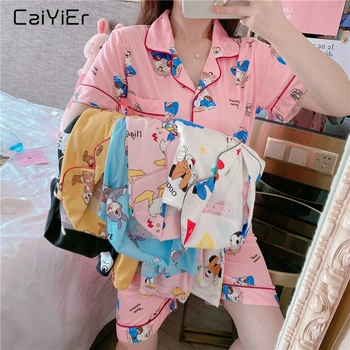 

Caiyier 2020 Cute Shorts Sleeve Pajamas Set Pink Print Japanese Simple Sleepwear Ladies Soft Summer Nightwear Girls Homewear