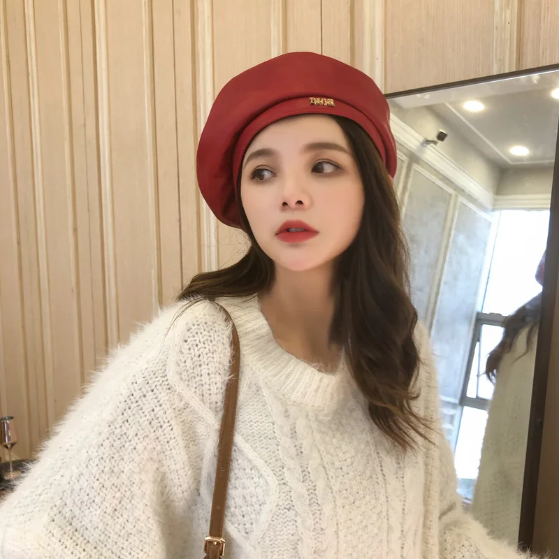 

Korean Printmaker Head Net Red Celebrity Style PU Leather Cap nan gua mao Children Fashionable Autumn And Winter Octagonal Cap E