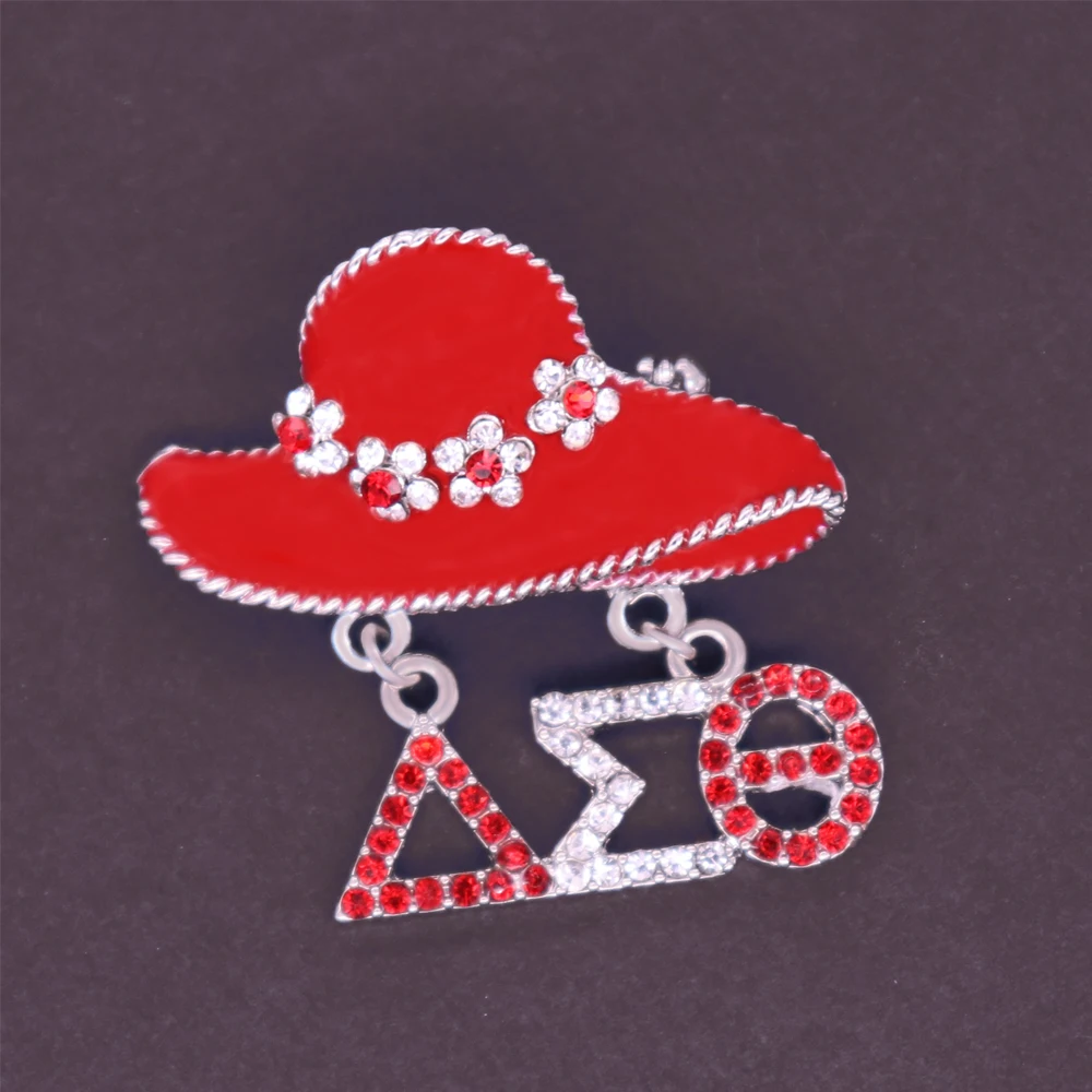 

Drop Ship Fashion Metal Rhinestone Crystal Red Hat Lapel Pin Greek Letter Delta Sigma Theta Brooch DST Jewelry