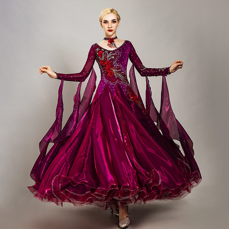 Платье для бальных танцев, соревнований, бальных танцев, Венского вальса, бальное платье, светящиеся костюмы для танцев, платье с крыльями - Цвет: Dark red
