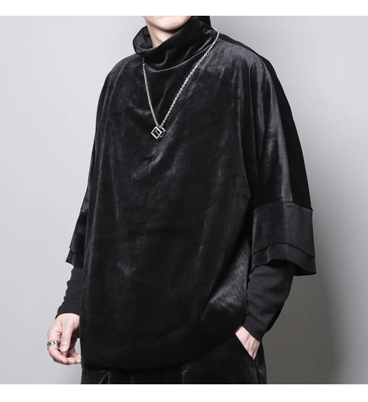 

Autumn dark design sense velvet surface loose personality cloak three-quarter sleeves stand collar high collar T-shirt m