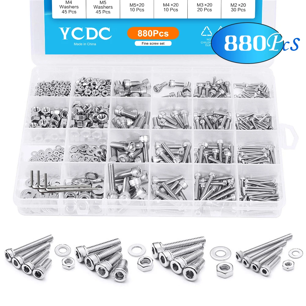 

880pcs M2 M3 M4 M5 Hex Socket Screw Set Stainless Steel Flat Round Cap Head Screw Bolts and Nuts Assortment Kit with Storage Box