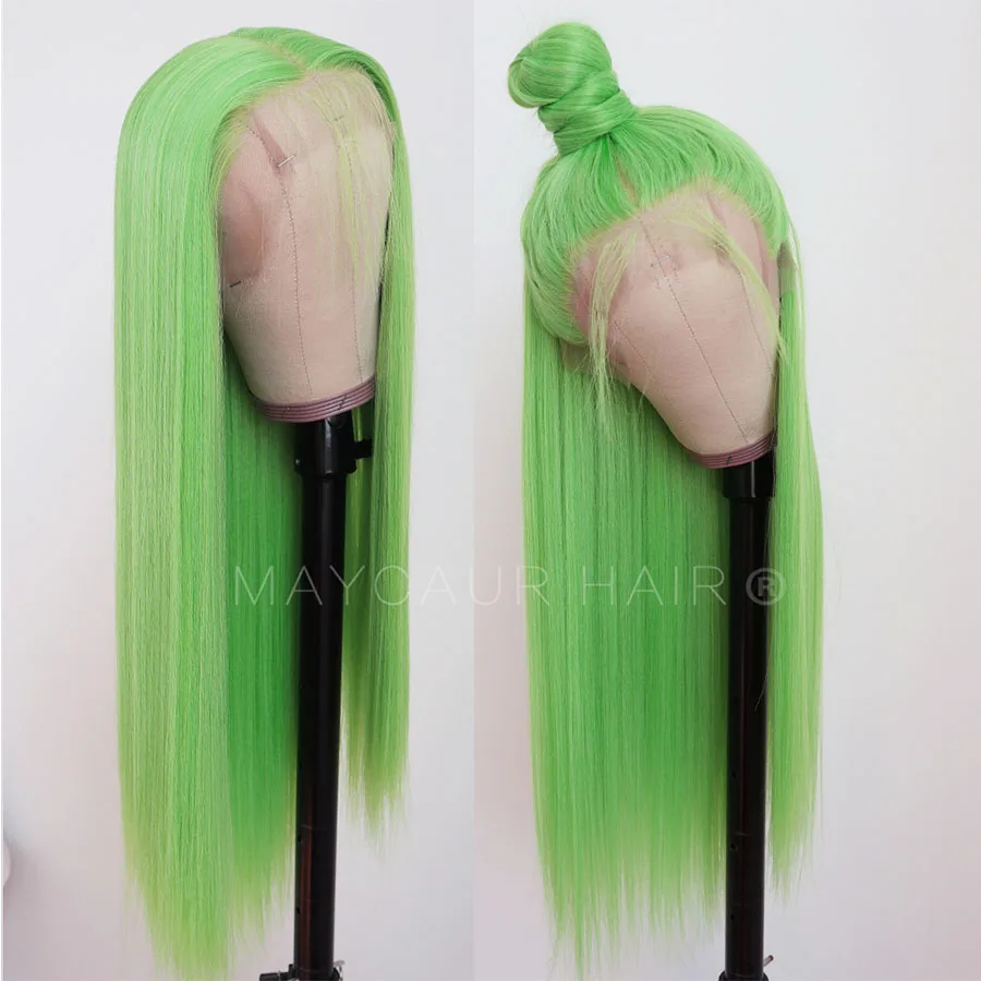 Maycaur Lace Front Wigs Long Straight Hair 22 Inch Lime Green Color Wigs for Fahison Women Synthetic Lace Front Wig (4)