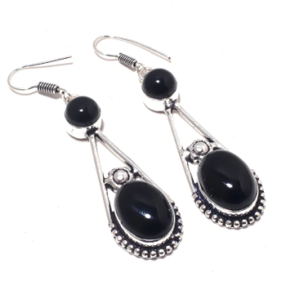 

Black Onyx Earrings Silver Overlay over Copper, 65 mm , E4111