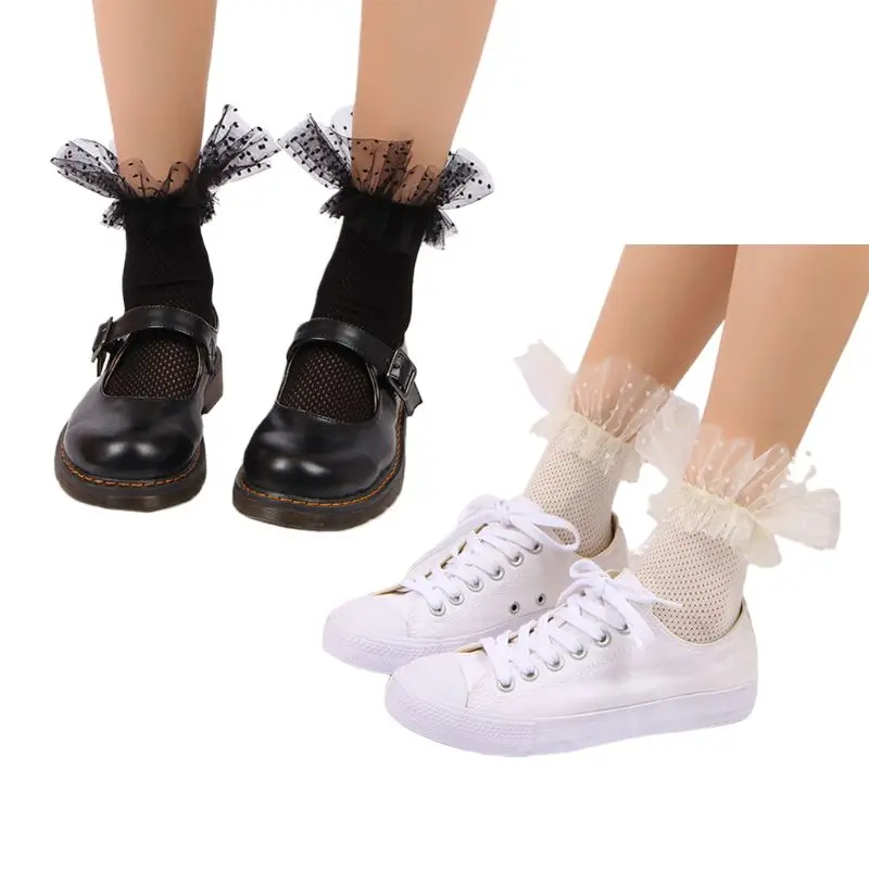 

Japanese Sweet Lolita Starry Sky Cotton Ankle Socks Polka Dot Ruffles Mesh Top Hollow Out Breathable Women Girls Student Hosiery