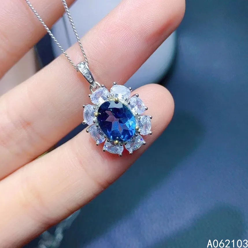 

KJJEAXCMY Fine Jewelry 925 Sterling Silver Inlaid Natural Blue Topaz Women's Lovely Fresh Flower Gem Pendant Necklace Support