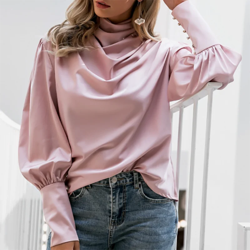 Women Shirts Autumn Lantern Long Sleeve Vintage Turtleneck Pleated Luxury Shirt Pink Satin Elegant Office Ladies Party Shirts