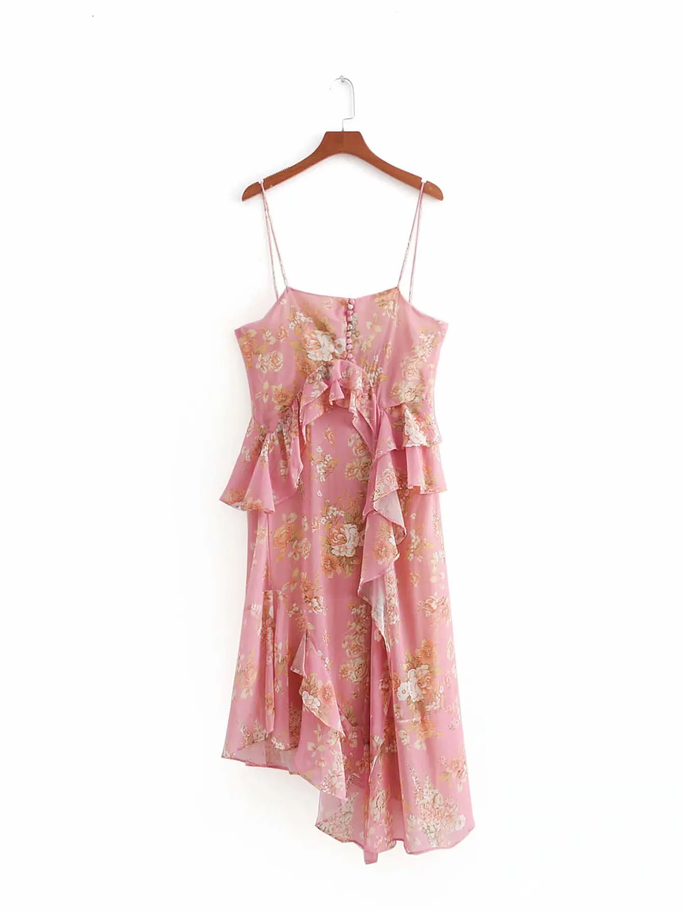 

2018 Western Style Slim Fit Non-symmetrical Laminated Decoration Dress Women's Printed Mid-length Strapped Dress 8282