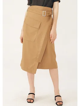 

2020 New high waist irregular Midi Skirt lady OL casual one-piece wrap large pocket female long skirt with sashes