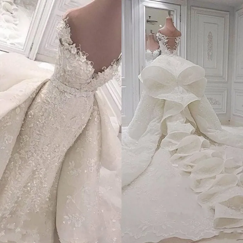 Роскошные свадебные платья с оборками со съемным шлейфом, кружевные платья с открытыми плечами, свадебные многоярусные платья