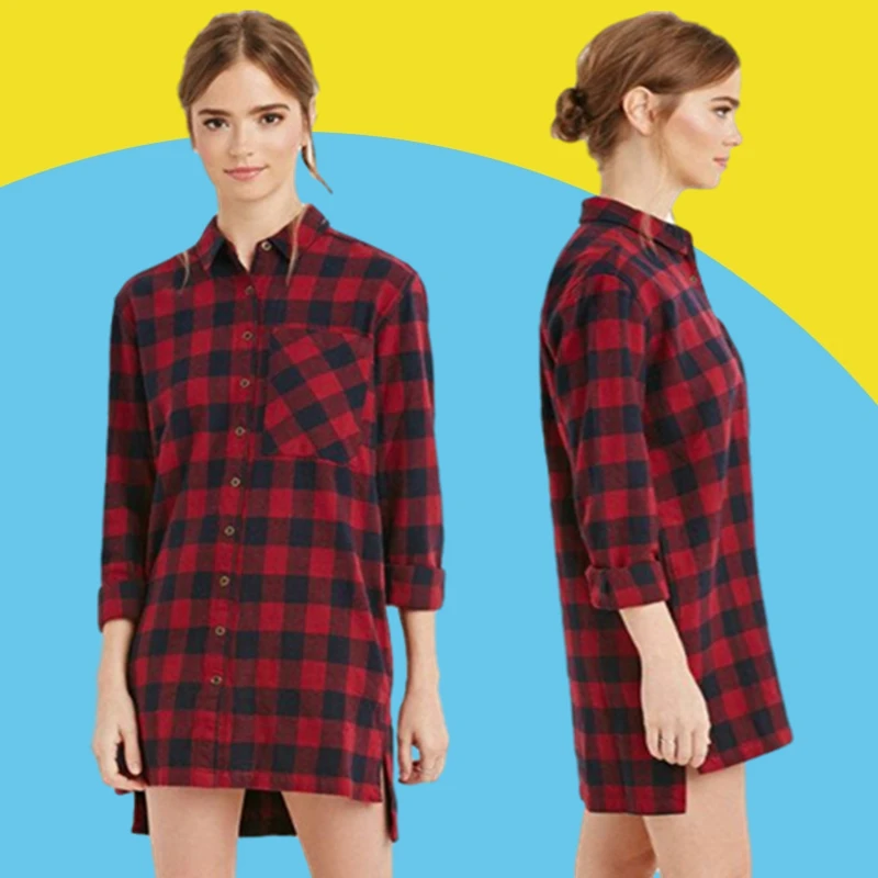 

WHWEIMENG New V-Neck Long-Sleeved Plaid Red Women Blouses Slim Mid-Length Cardigan Casual Red Blouse Women Ropa Mujer