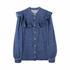Special Offers Loose Tops Blouse Casual Denim Shirt Femme-Stand-Collar Long-Sleeve Ruffle-Decoration 1005001444188799