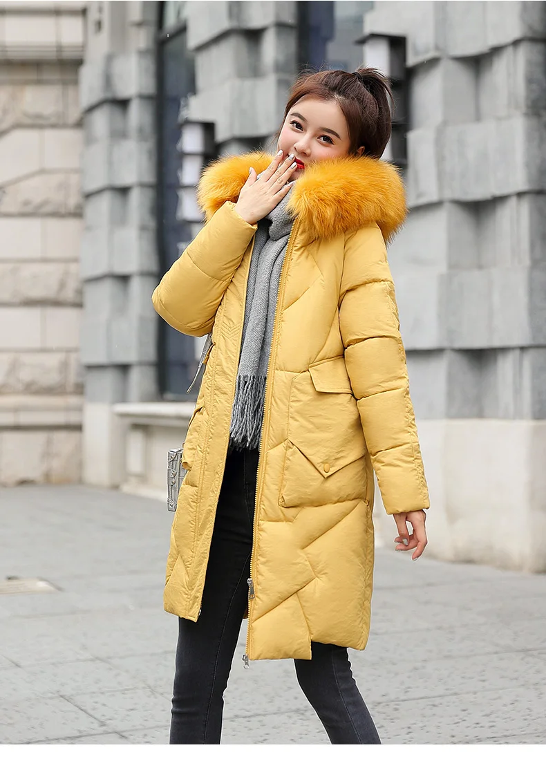 Высококачественная женская зимняя куртка с капюшоном и воротником из искусственного меха, Модное теплое плотное Женское пальто, зимняя длинная парка с карманами