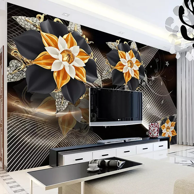 

Drop Shipping Custom 3D Photo Wallpaper Luxury Jewelry Black Flower Background Wall Mural Wallpapers Home Decor Papel De Parede