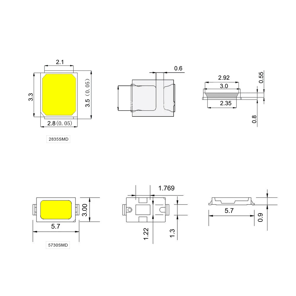 100 шт. SMD 5730 2835 Чип светодиодный светильник 3 в 40-55 лм 0,5 Вт белый светодиодный s диодный светильник для светодиодной ленты Точечный светильник для помещений