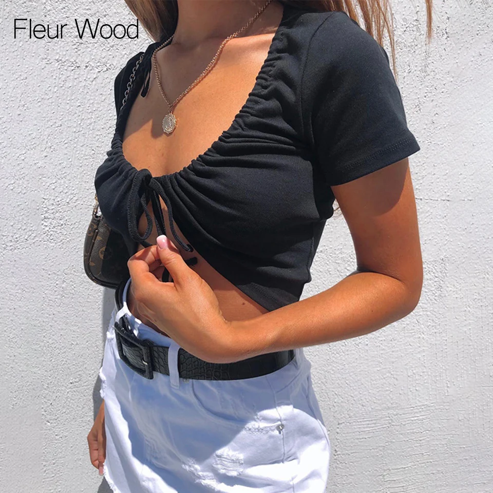 

FLEUR WOOD Sexy T-Shirt Solid Deep V-neck Casual Tops Navel Tshirt Women Drawstring Tie T Shirt Short Sleeve Women Clothes