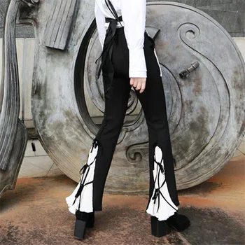 

2020 Retro Court Women Pant hit color fold bow tie strap casual trousers female flared pants Brief Spring Autumn Fashion Tide