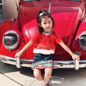 

Lashojas blue red beige Wave sweater for kids boys girls summer short-sleeve sweater