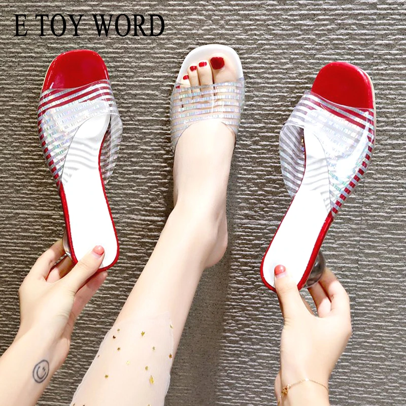 

E TOY WORD High-heeled sandals slippers women wear 2020 new summer wild Korean net red crystal thick and transparent slippers