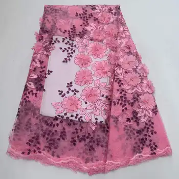 

2019 Latest Nigerian Mesh lace fabric 5 yards with beads Embroidery African 3D Flower Tulle Lace Fabric for Wedding dress BSG02
