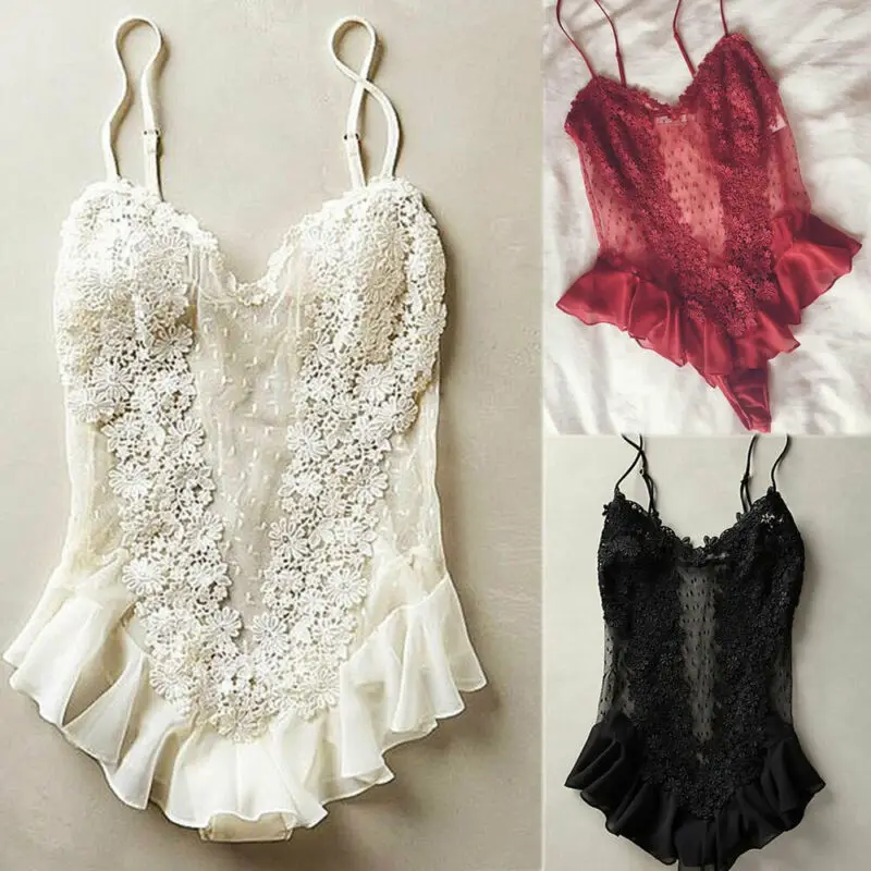 Women Sexy Lingerie Silk Lace Mesh Sleeveless Solid Babydoll Nightdress Sleepwear Bodysuits Erotic Sex See-through Costume