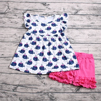 

toddler girl kid children summer shorts Whale Tops 2 pcs outfit flutter sleeve kid summer new fashion clothes baby girl outfit