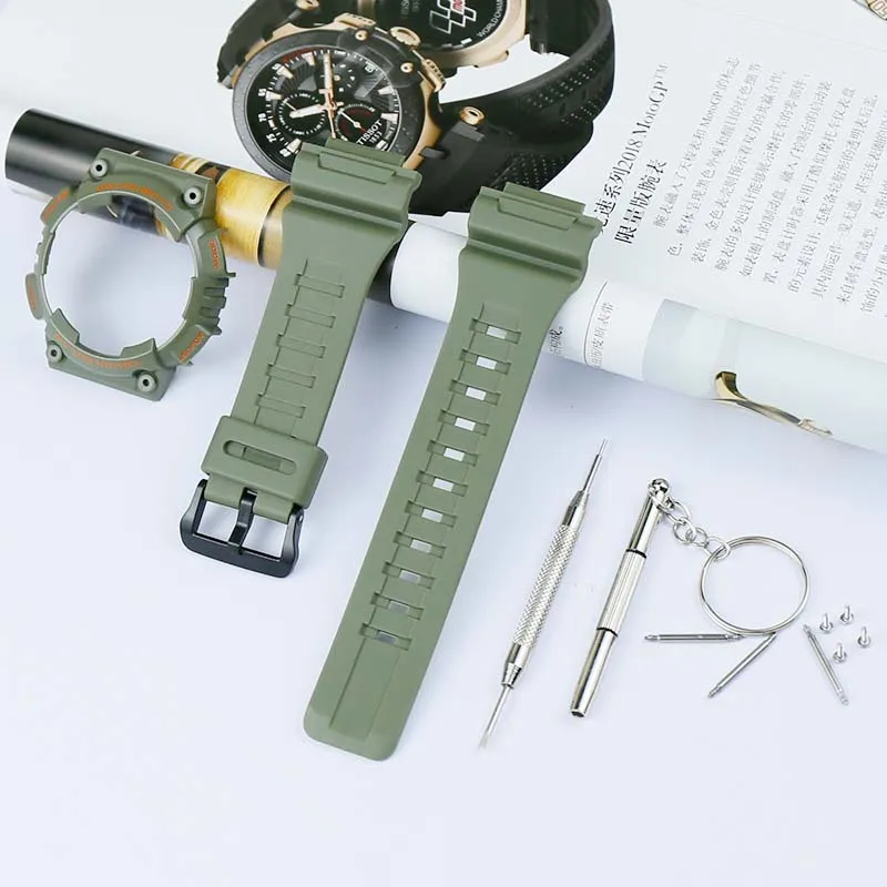 Watch accessories men's and women's resin strap for Casio watches with case AQS810W silicone rubber bracelet watch with case - Band Color: Army green orange