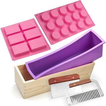 

Silicone Soap Mould Kit-Rectangular Biscuit Hole Cylinder Soap Leaf Mould Kit with Wooden Box Stainless Steel Wave and Straight