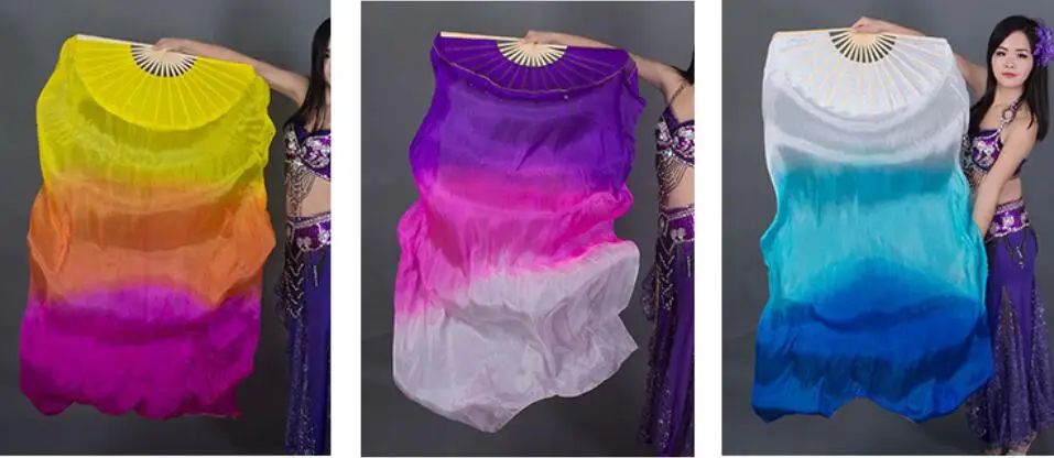 1 Pair 70"x35" Belly Dance Silk Fan Veils White Royal Blue Horizontal Gradient Bamboo Long Fans Veil For Women Kids Wholesale