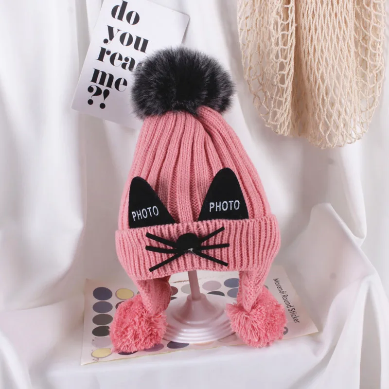 style 1 pink Милая детская зимняя шапка для детей, шапка с помпоном для маленьких девочек, шапка для малышей, Шапка-бини, теплая вязаная шапка для девочек, шапка-собачка, Enfant - Цвет: style 1 pink