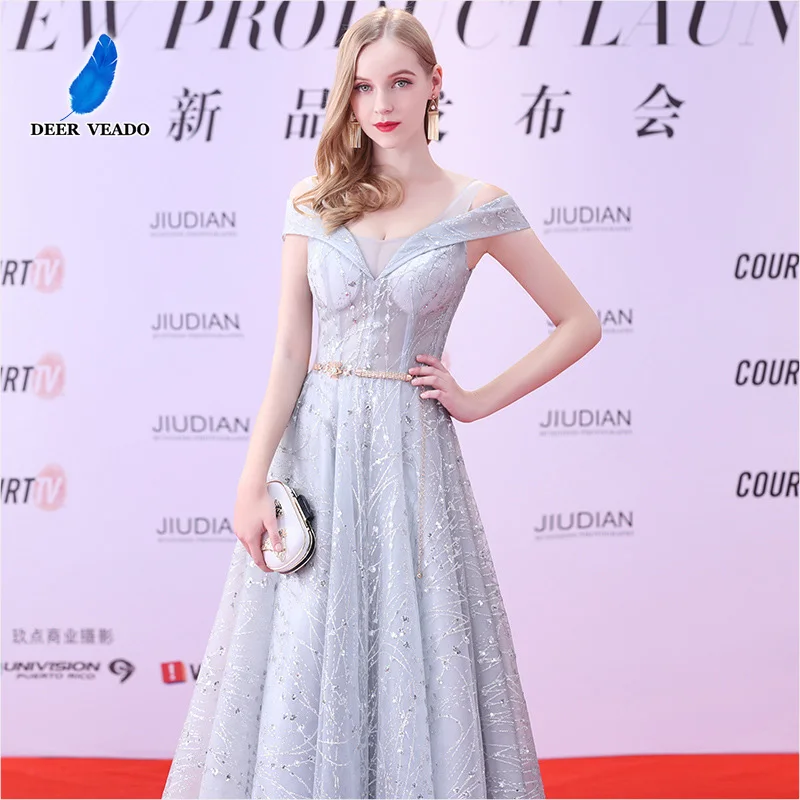 DEERVEADO A Line V Neck Lace Up Open Back Evening Dress Long Ball Gown Formal Dress Prom Party Dresses Vestido De Festa M252