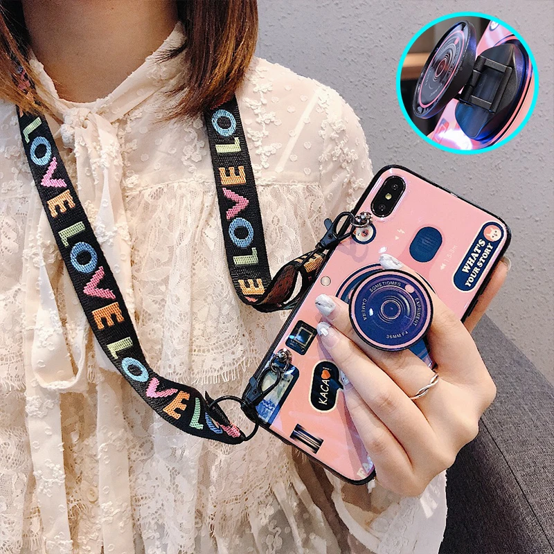 

For iPhone 11 Pro MAX X 6 7 8 Plus XR 3D Blu-ray camera Pattern With Lanyard +Bracket Phone Case For Samsung Note10 Pro Note10 s8 s9 plus Note 8 9 Cover case