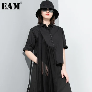 

[EAM] Women Black Mesh Split Asymmetrical Blouse New Lapel Half Sleeve Loose Fit Shirt Fashion Tide Spring Summer 2020 1T873