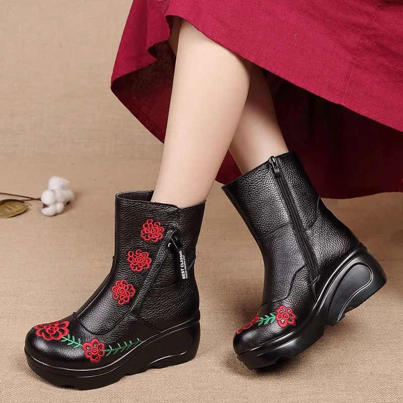 RUSHIMAN New Hand Embroidered National Style women's shoes in leather, thick bottom slope loose pastry bottom cotton shoes 35-40