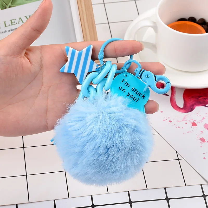 Fluffy Black Red Pompom Faux Rabbit Fur Ball Keychains Plastic Star Key Rings Key Holder Trendy Jewelry Bag Key Chain Gift