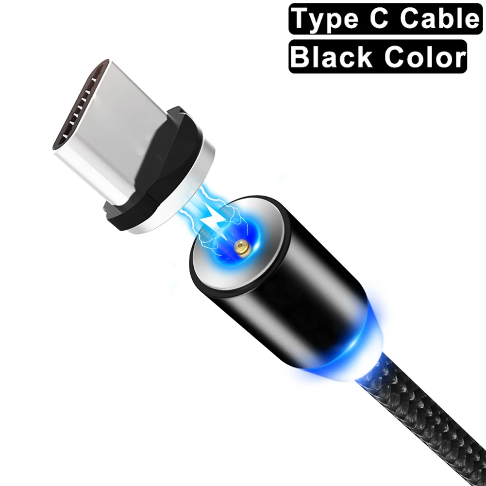 Black For Type C Для Android iPhone huawei 360 ° вращающийся круглый Прочный Магнитный светодиодный кабель Micro USB type C для быстрой зарядки нейлоновый плетеный провод для зарядки - Цвет: Black For Type C