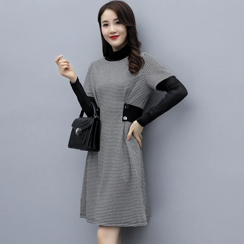 

Lace Mock Two-Piece Thousands of Birds Long-sleeved Dress 2019 Autumn Clothing New Products Korean-style Mid-length Base Skirt L