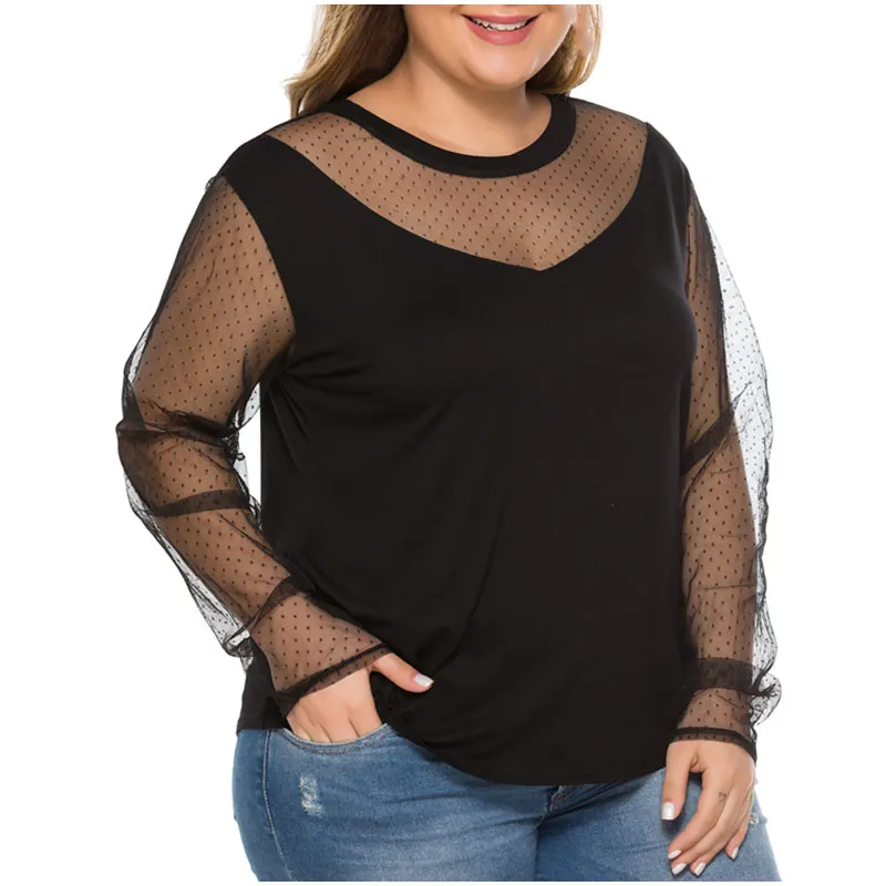 Прозрачная блузка в горошек размера плюс, 3XL 4XL, женские сексуальные черные топы с круглым вырезом и длинным рукавом, женские блузки