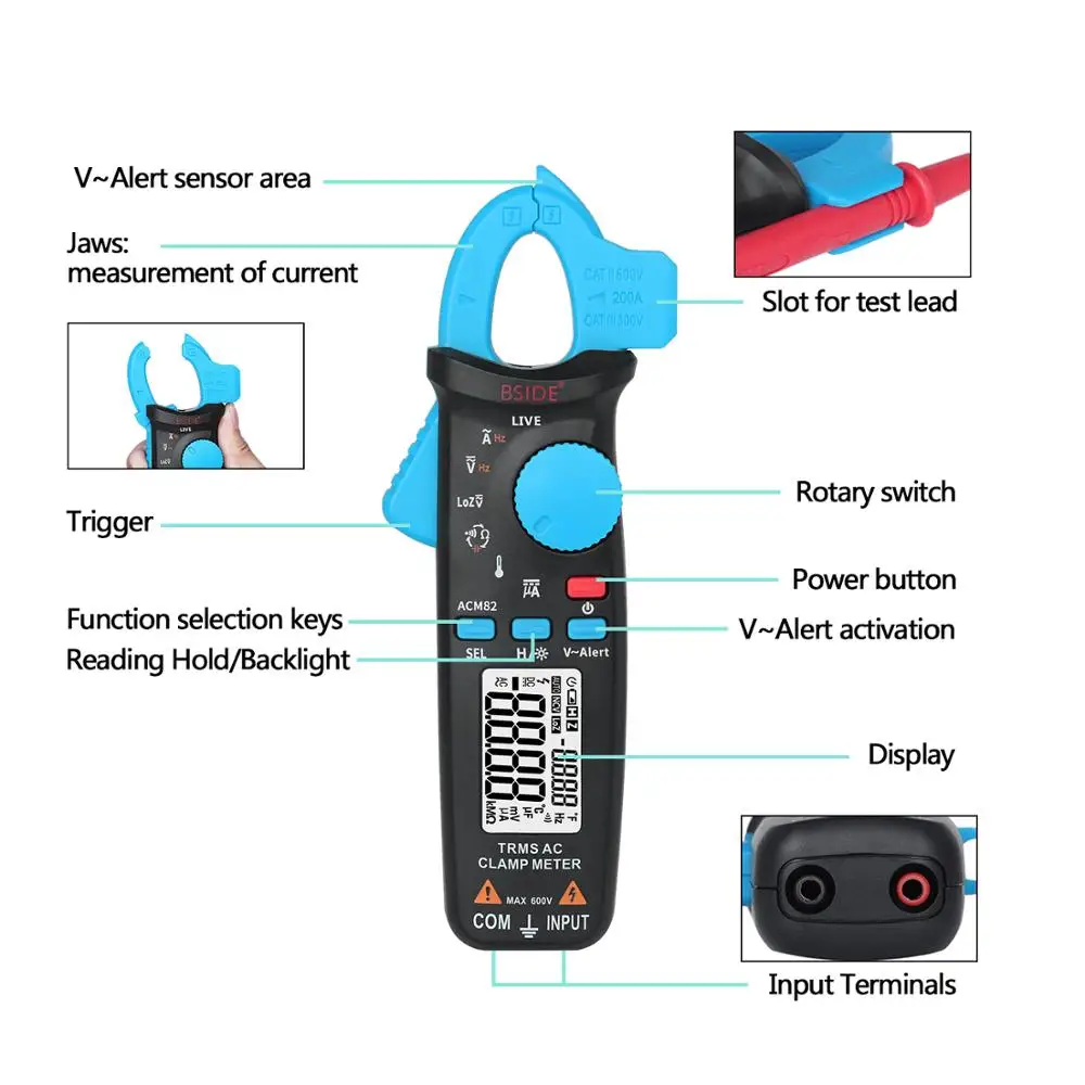 Высокоточный токоизмерительный клещи BSIDE ACM82 с автоматическим диапазоном True RMS ток тест Hz Temp Ом uF v-оповещение в режиме реального времени Проверка с карманным зажимом