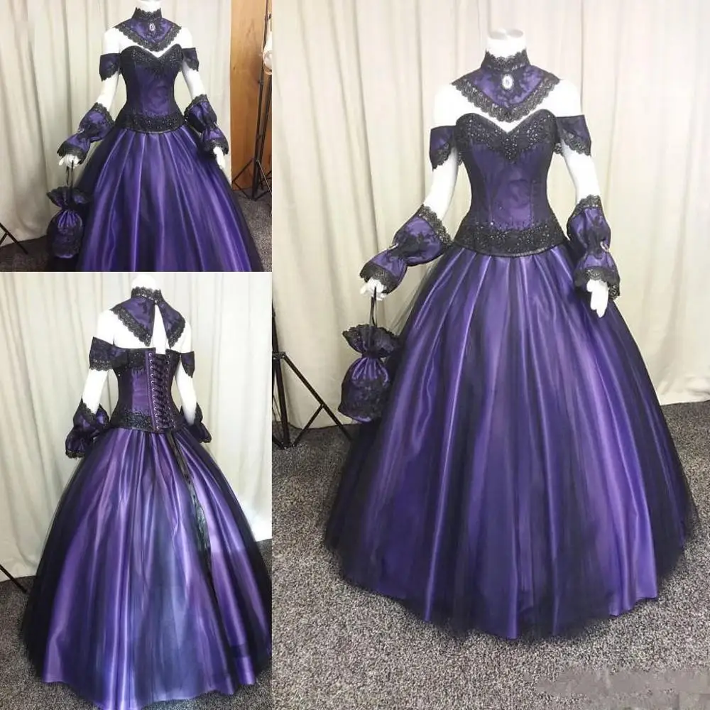 

Black Purple Gothic Wedding Dresses 2019 Vintage Plus Size Steampunk Victorian Halloween Vampire Country Garden Wedding Gowns