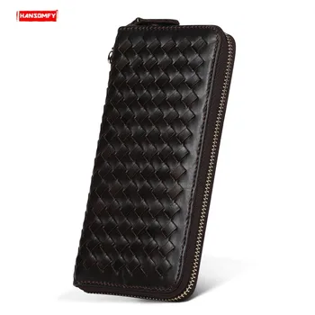 

Business Retro Genuine Leather Men's Long Woven Wallet Mobile Phone Bag Men Multi-card Clutch Bag Coin Purse Card Holder Wallets