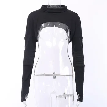 

Dark Gothic Punk Rock Heavy Metal Short Stitching Long Sleeve Sweatshirts Sexy Nightclub Female Crop Pullovers Hoodies