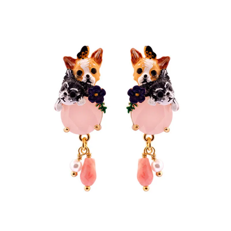 

Design Animal Ear Clip Temperament Dog European American Pink Crystal Stud Earrings for Women Wedding Jewelry Pendientes
