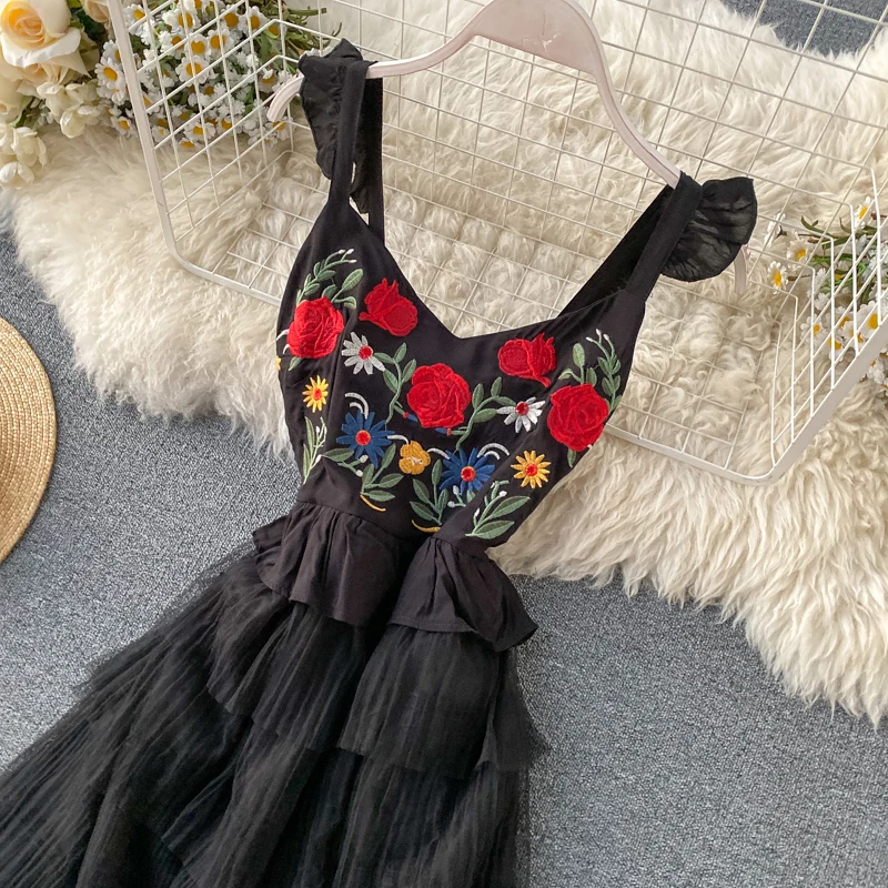ALPHALMODA платье с цветочной вышивкой, многослойное платье без рукавов, милое Плиссированное Сетчатое летнее платье для женщин