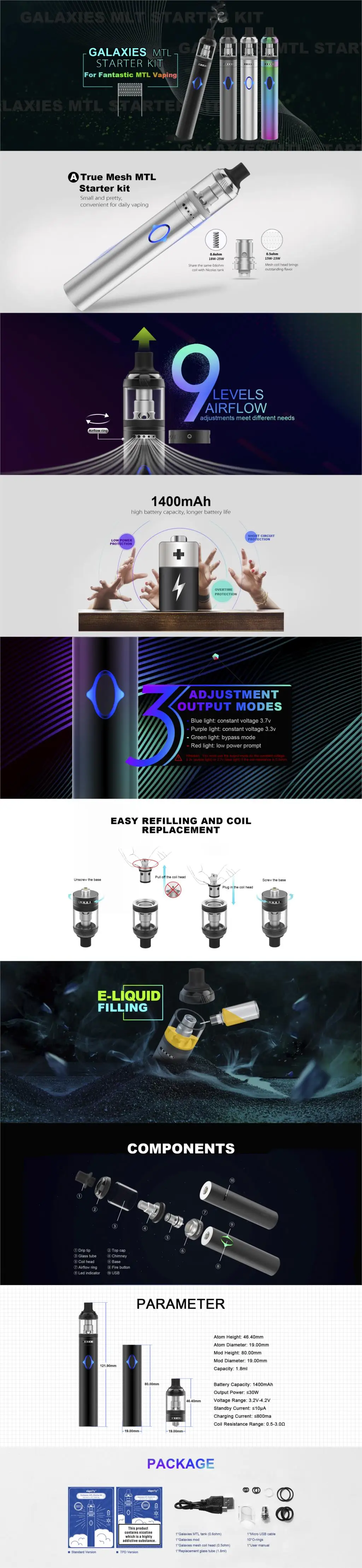 Vapefly Galaxy комплект MTL 1400mah встроенный аккумулятор с емкостью 1,8 мл испаритель vape электронная сигарета vape комплект