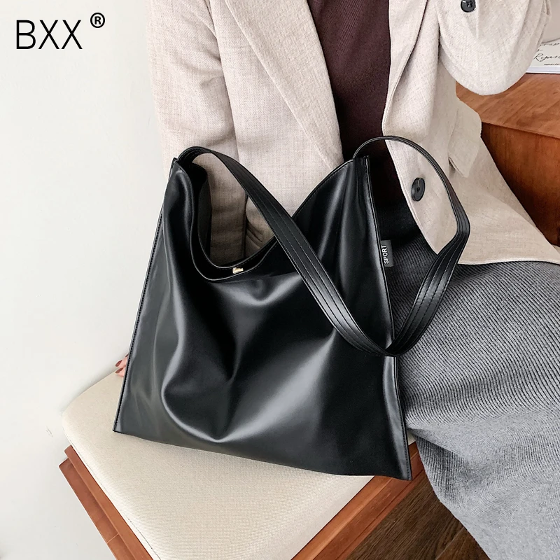 

[BXX] PU Leather Large Capacity Shoulder Bags For Women 2020 Solid Color Simple Handbags Female Shoulder Messenger Bag HK271