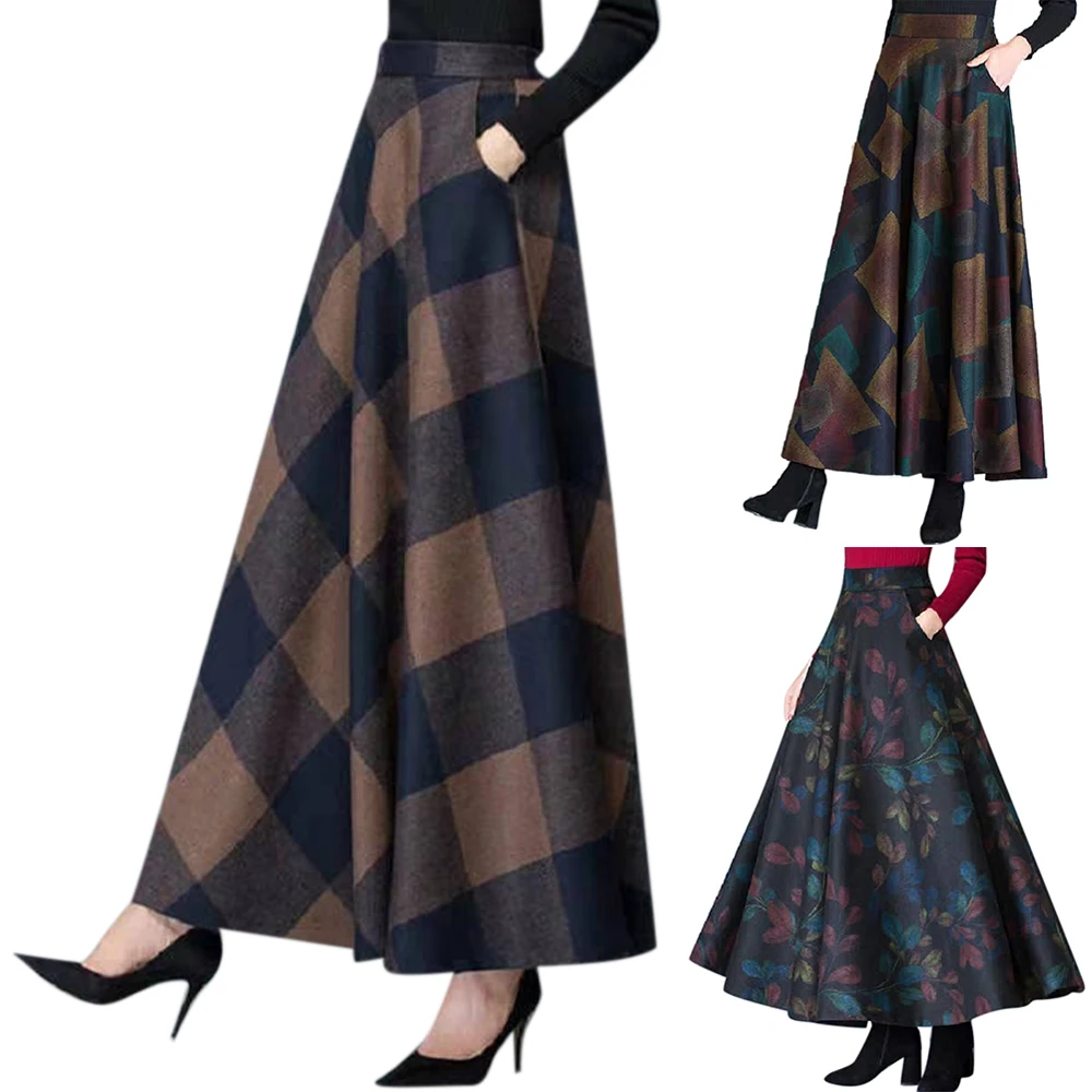 Falda de lana Vintage para mujer, falda de corte en a, con bolsillo, cintura alta, estampado, versátil, otoño e invierno